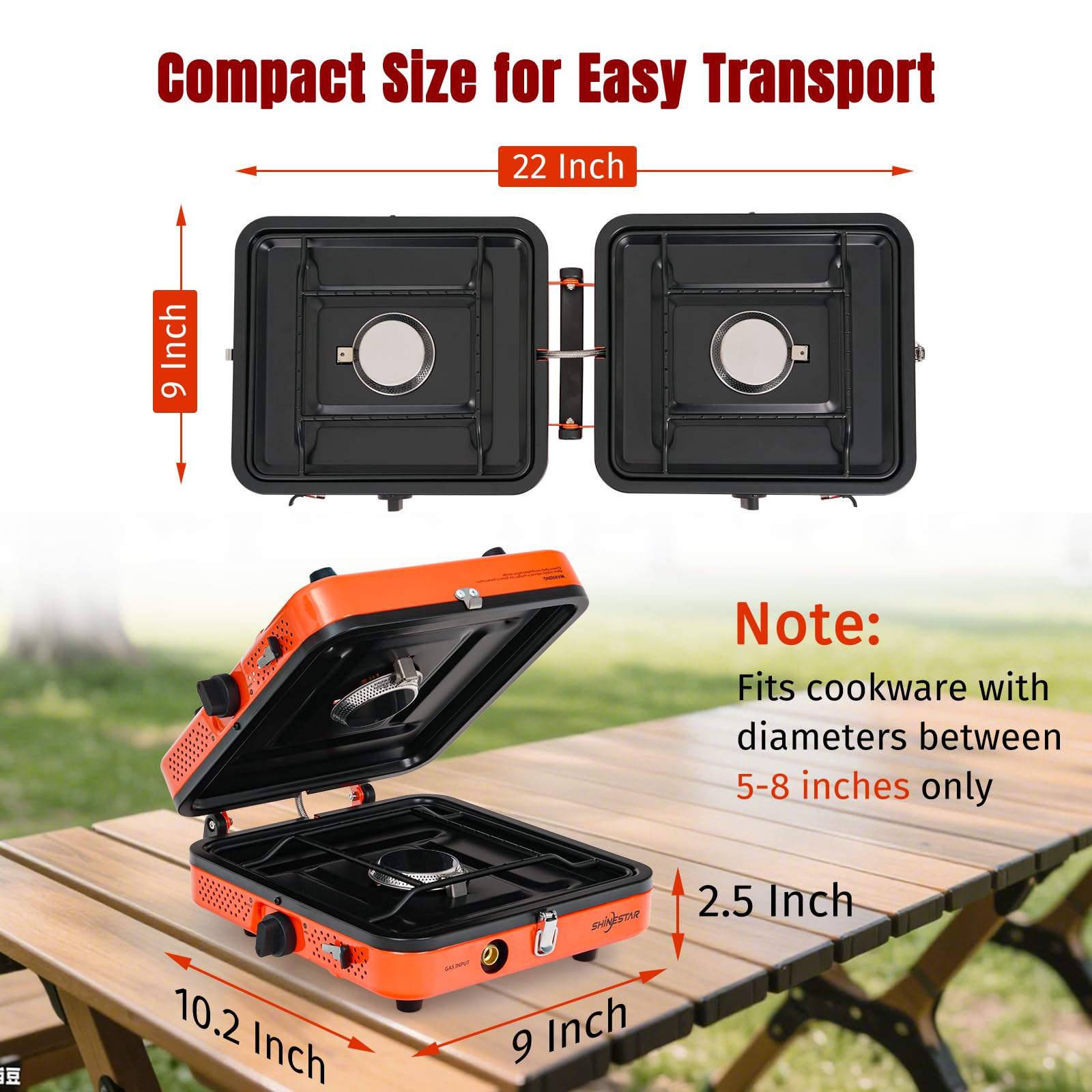 SHINESTAR foldable stove tucked in a compact setup for easy transport.