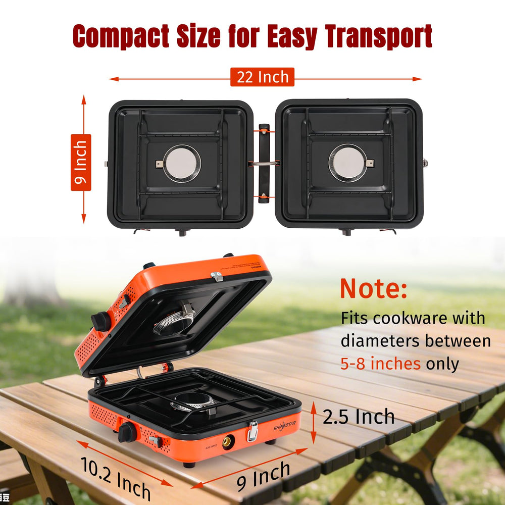 SHINESTAR foldable stove tucked in a compact setup for easy transport.