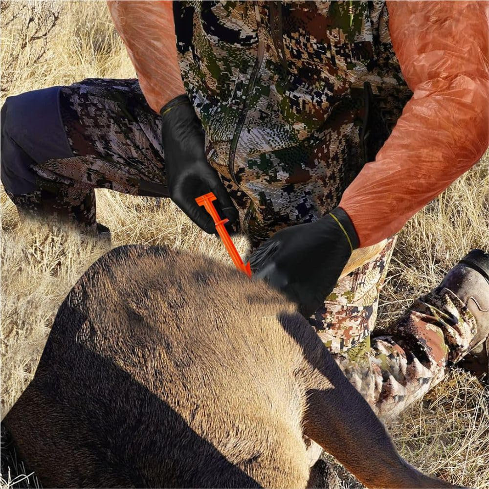 SHINETEC long gut gloves orange protect hands during extended field dressing.