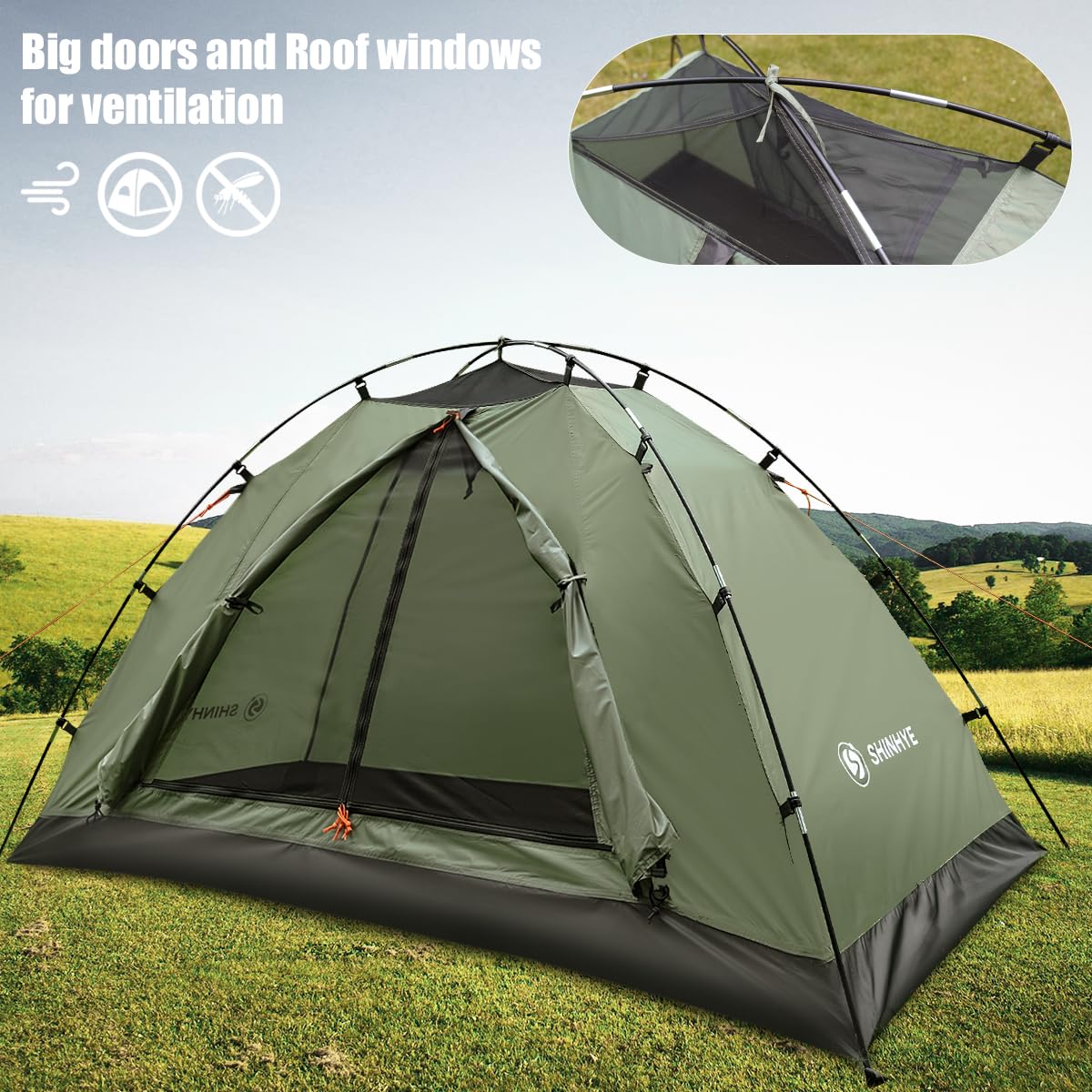 ShinHye backpacking tent features a D-shaped door with breathable vents for airflow.
