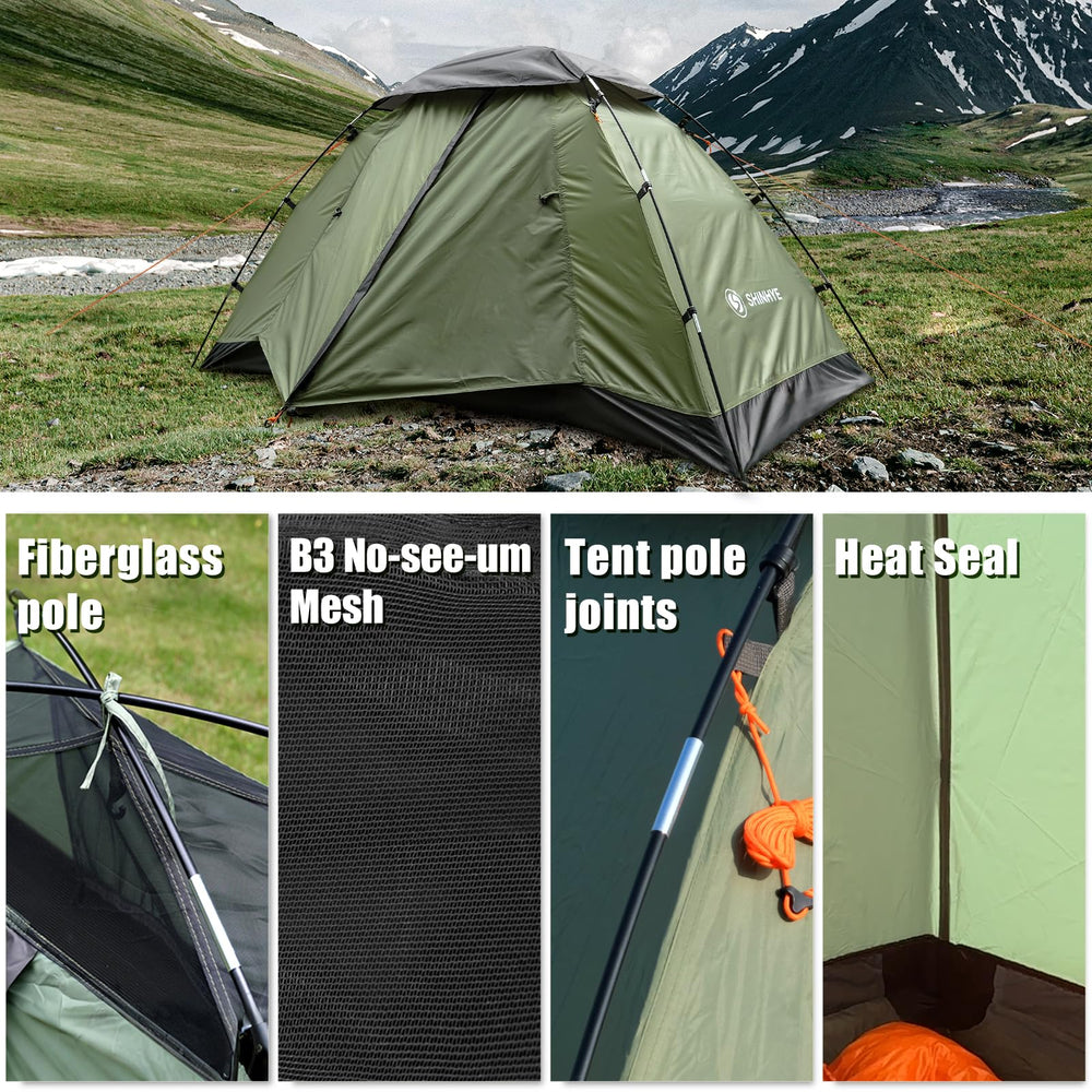 ShinHye backpacking tent uses lightweight fiberglass poles for sturdy, portable shelter.
