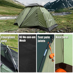 ShinHye backpacking tent uses lightweight fiberglass poles for sturdy, portable shelter.