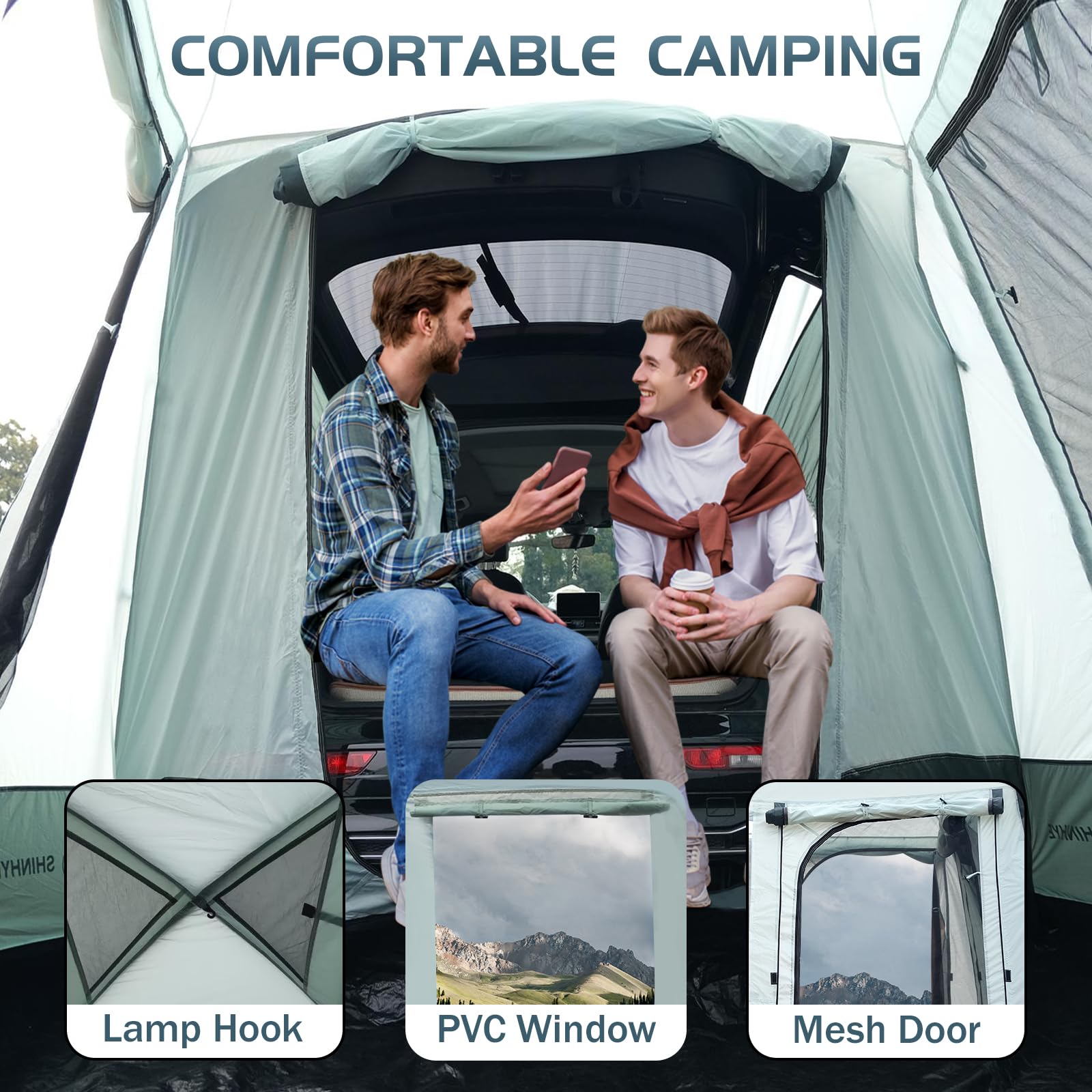 ShinHye SUV Tent includes rainfly for added weather protection on wet trips.