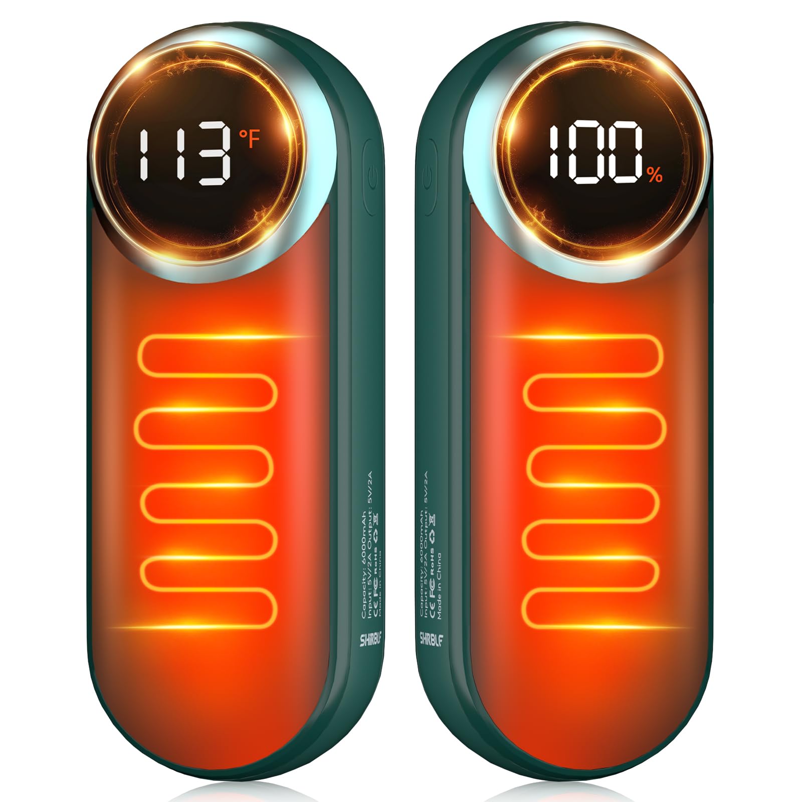 Shirble rechargeable hand warmers two-pack front view showcasing compact warmth.