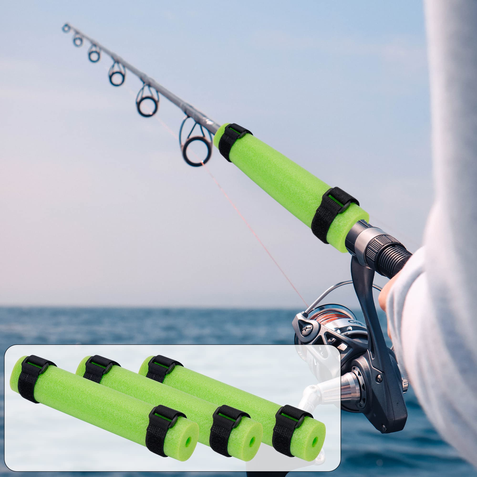 Green fishing rod floats attached to a rod with straps in water