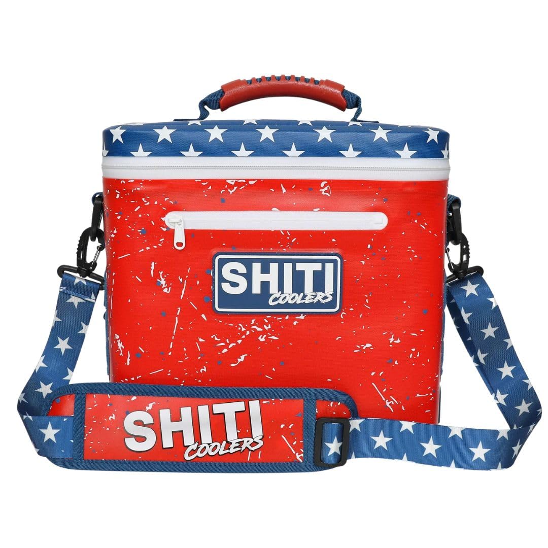 SHITI Patriot cooler front view shows compact design for easy camping transport.
