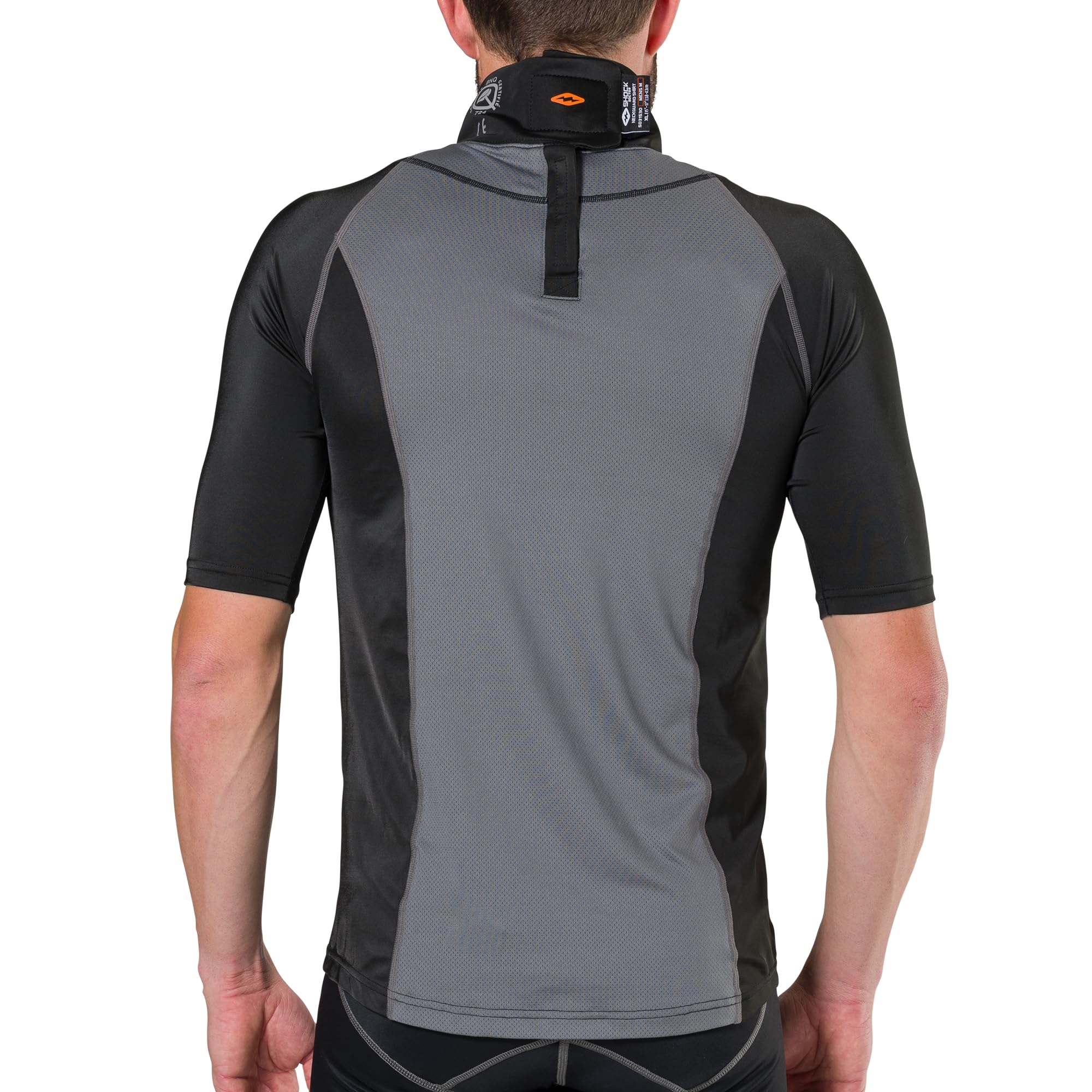 Close-up on neck guard's cut-resistant design and easy hook-and-loop closure.