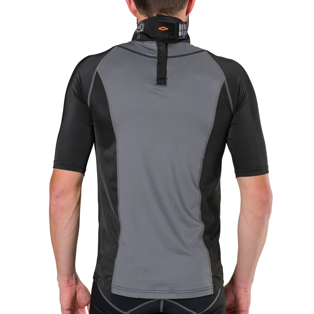 Close-up on neck guard's cut-resistant design and easy hook-and-loop closure.
