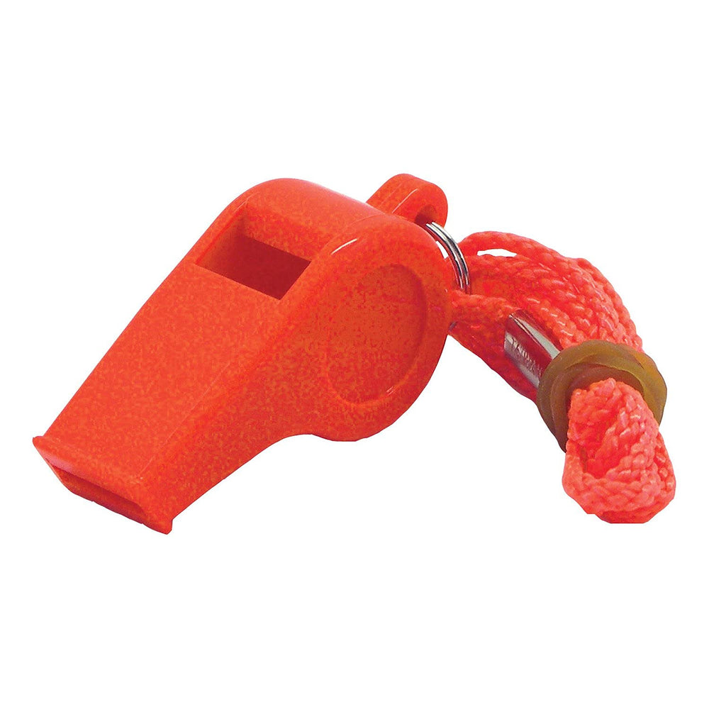 Shoreline Marine Safety Whistle in orange with lanyard for outdoor emergencies.