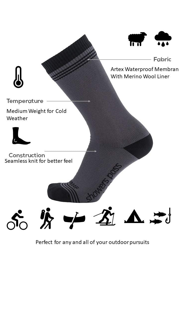 Showers Pass Crosspoint Wool Crew Socks size range illustration for US men and women