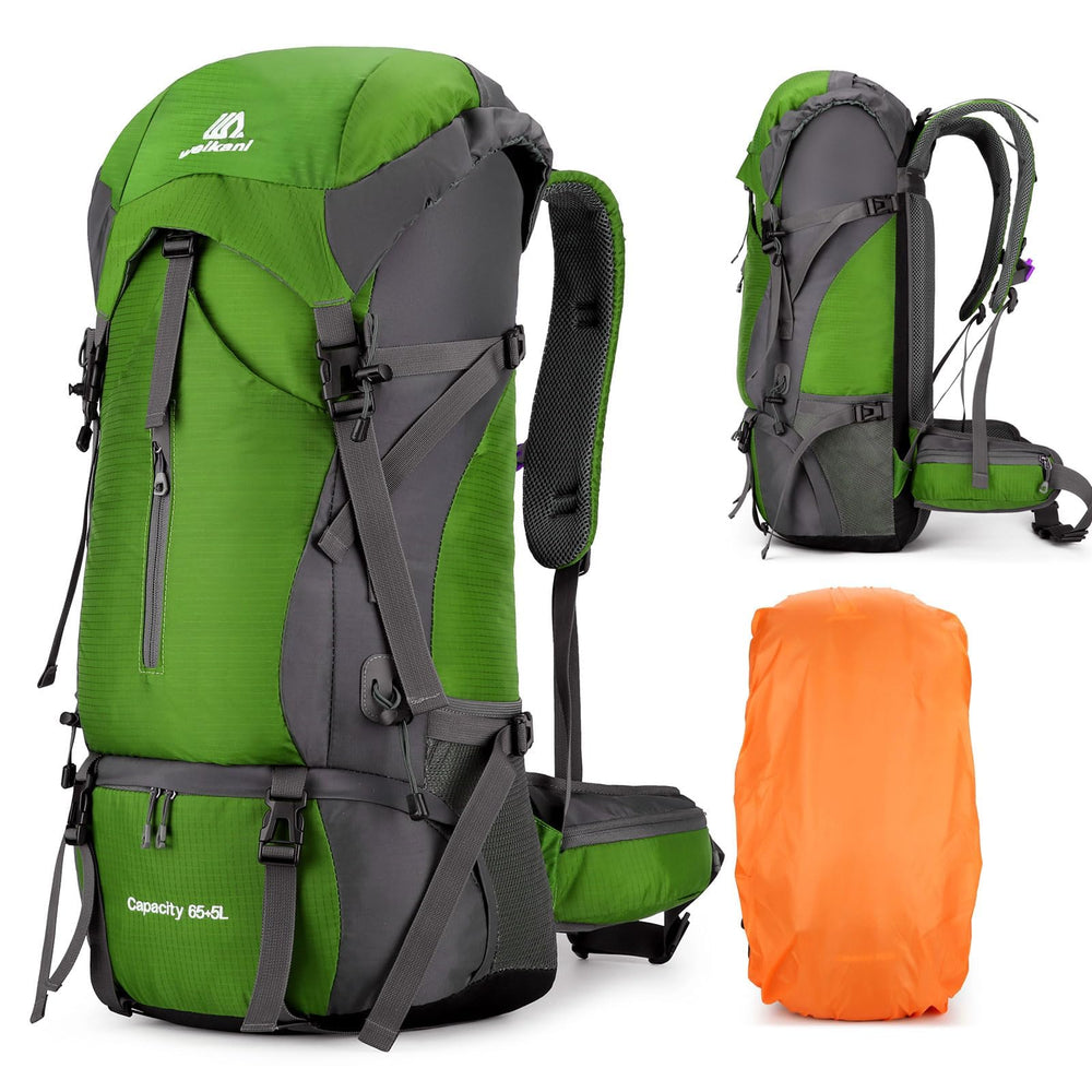 ShowyLive 70L backpack front view highlights durable 900D fabric for rugged outdoor use.