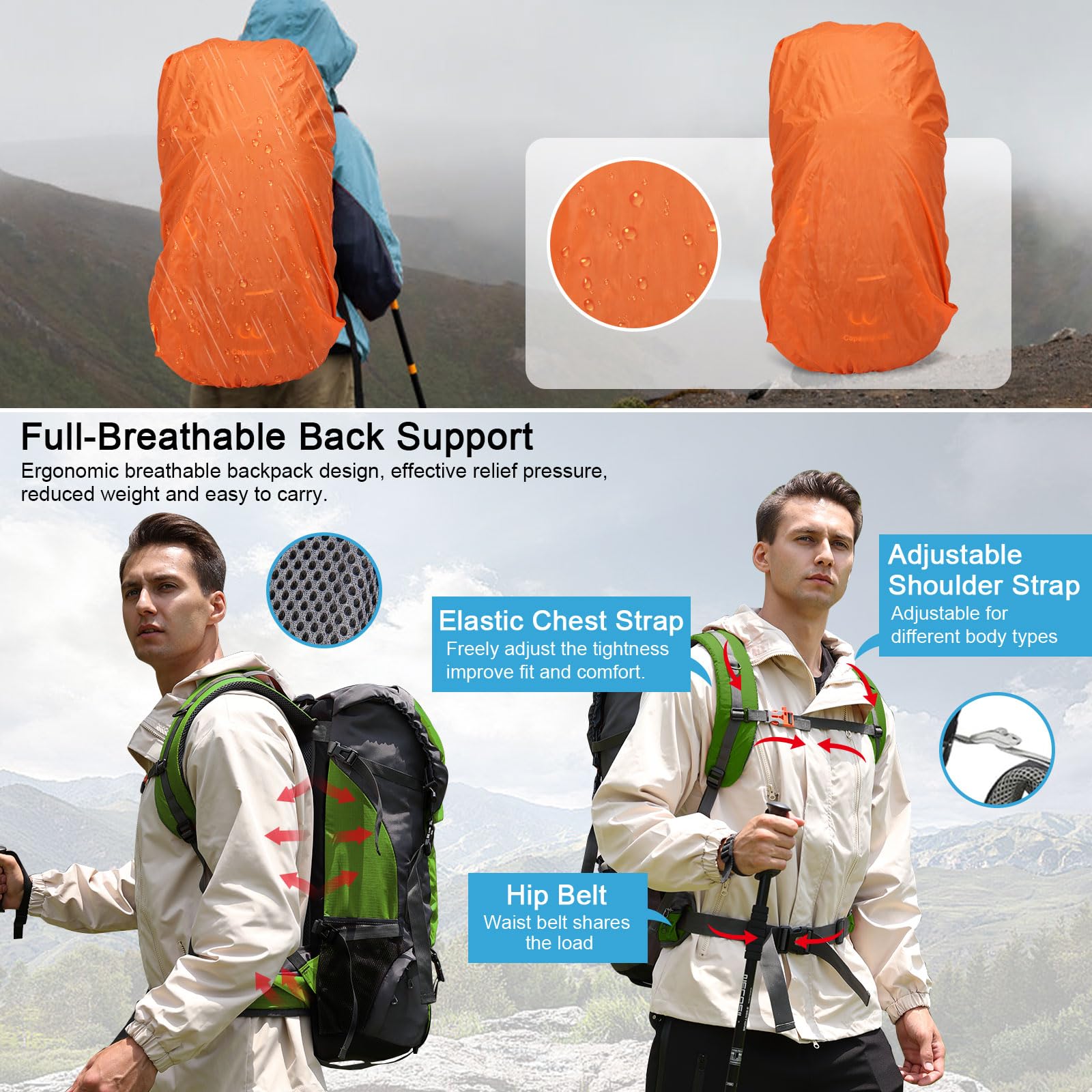 ShowyLive 70L ergonomic shoulder straps provide comfortable weight distribution.