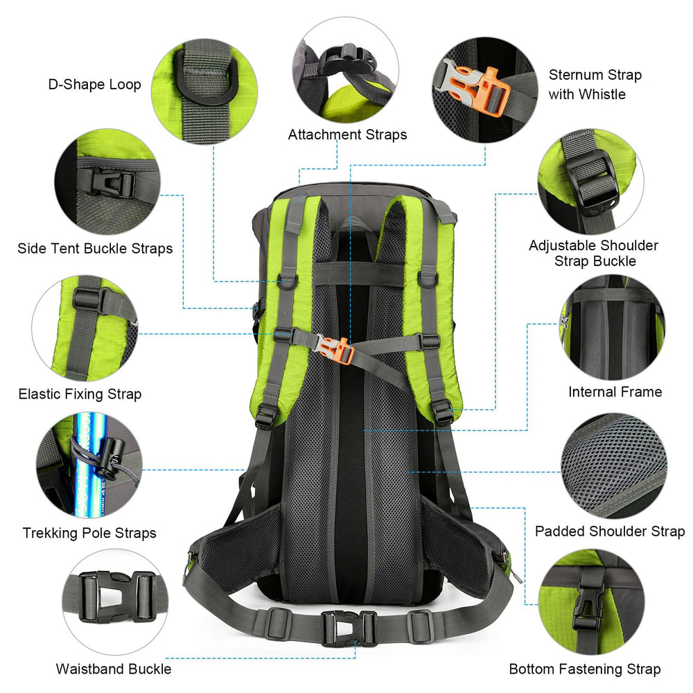 ShowyLive 70L hiking backpack bottom compartment separates shoes or clothing