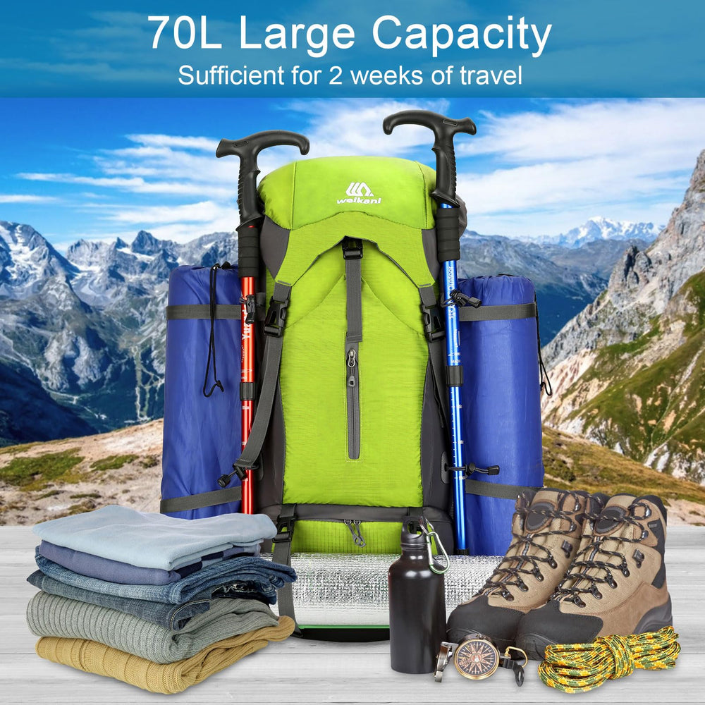 ShowyLive 70L hiking backpack external attachment points for gear