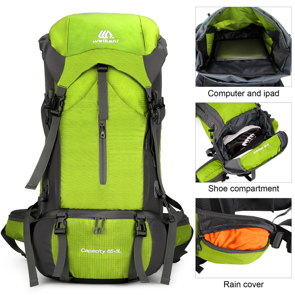 ShowyLive 70L hiking backpack rain cover deployed to keep gear dry