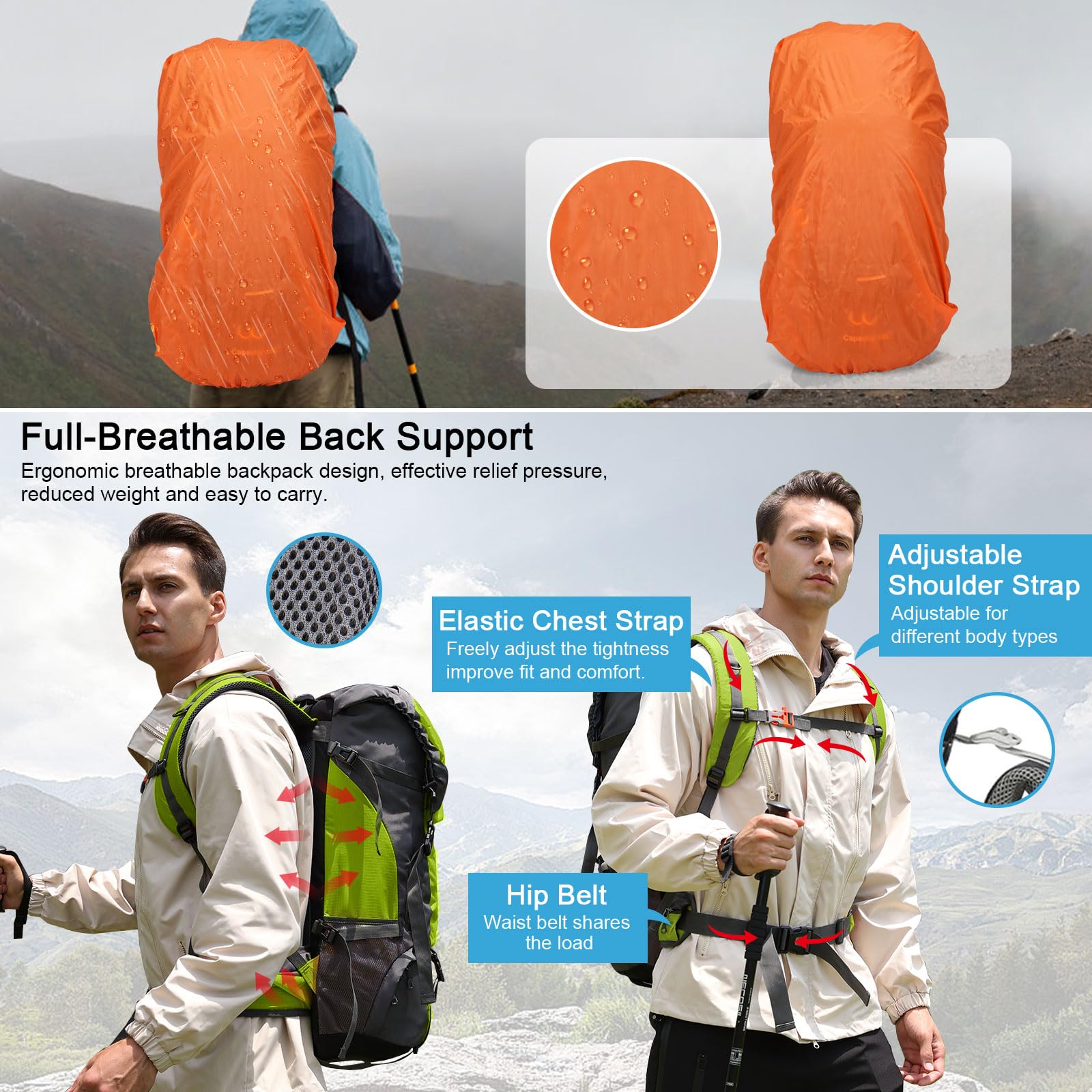 ShowyLive 70L hiking backpack shoulder phone pocket for easy access