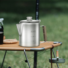Shoxil coffee percolator camping setup enables outdoor brewing on trails.