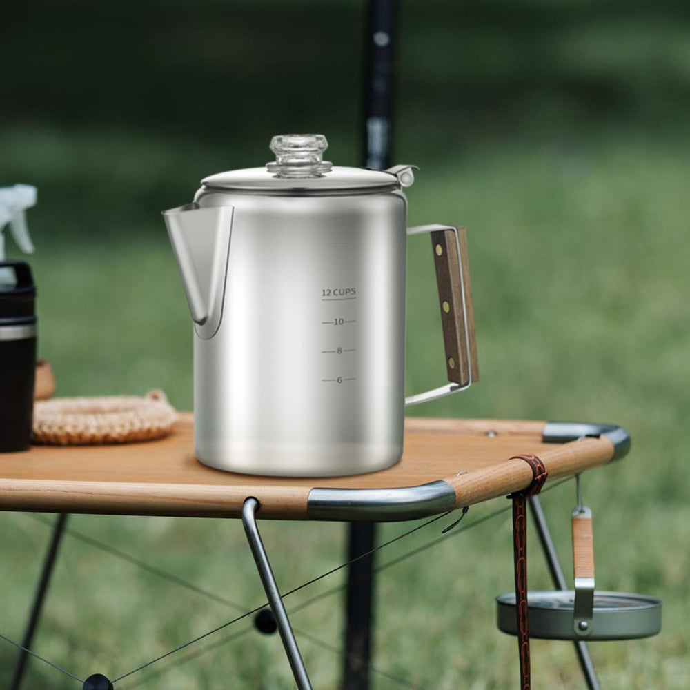 Shoxil coffee percolator handle closeup highlights a sturdy outdoor grip.