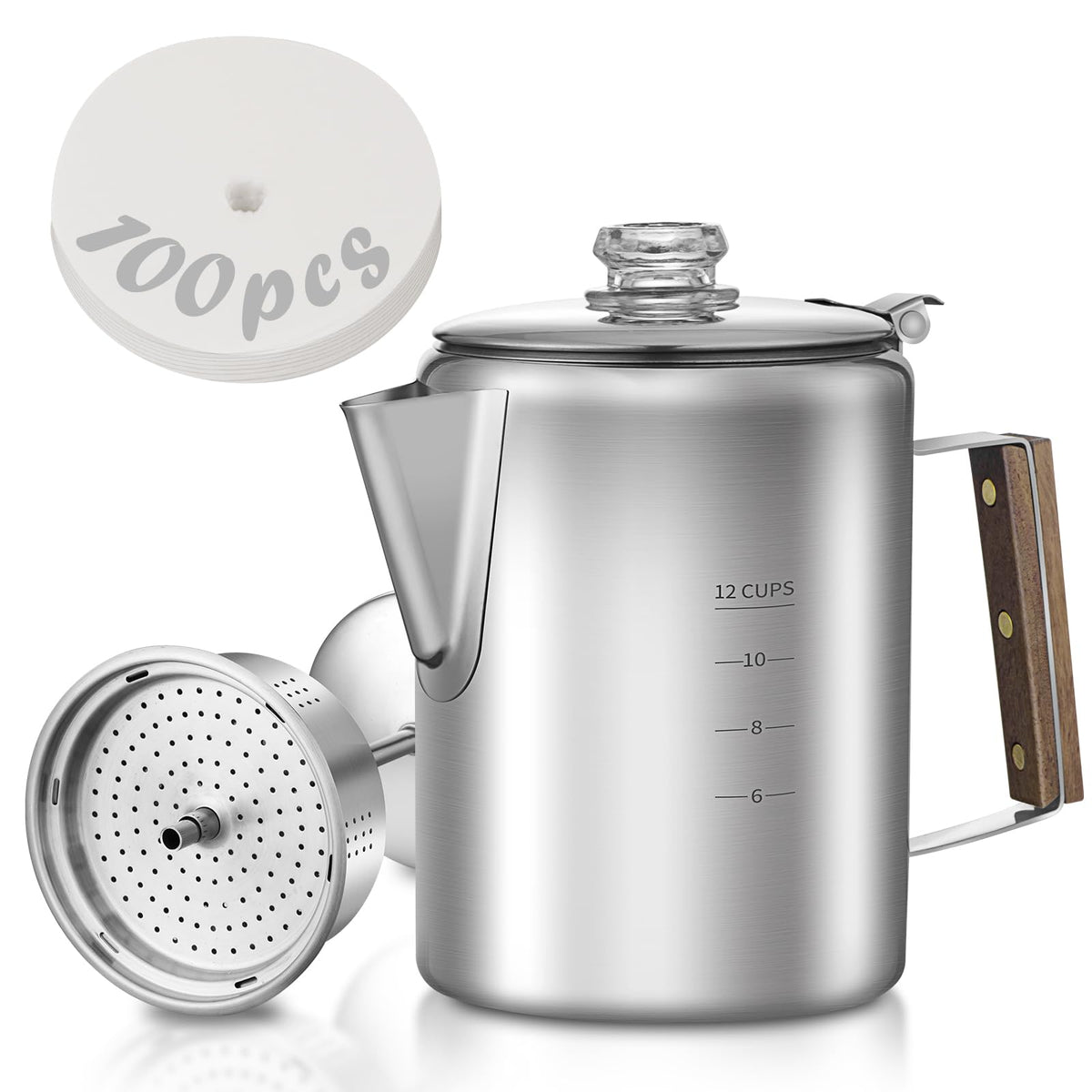 Shoxil coffee percolator top view shows durable stainless steel for camping.