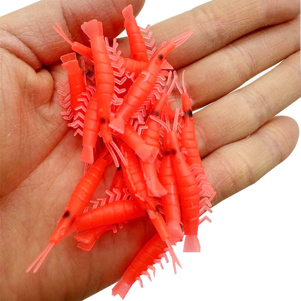 100 pieces silicone shrimp lures set in red, pink, and glow green