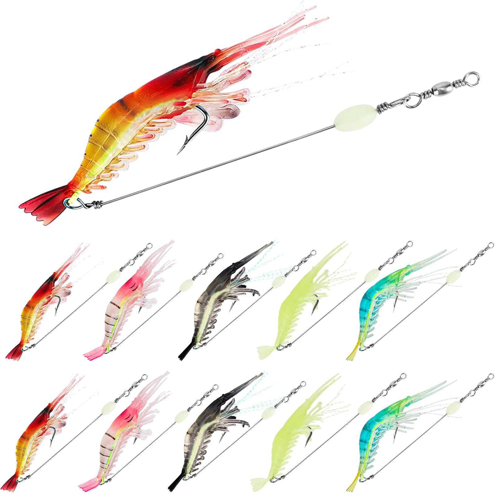 Ten-piece soft plastic shrimp lure set displayed together