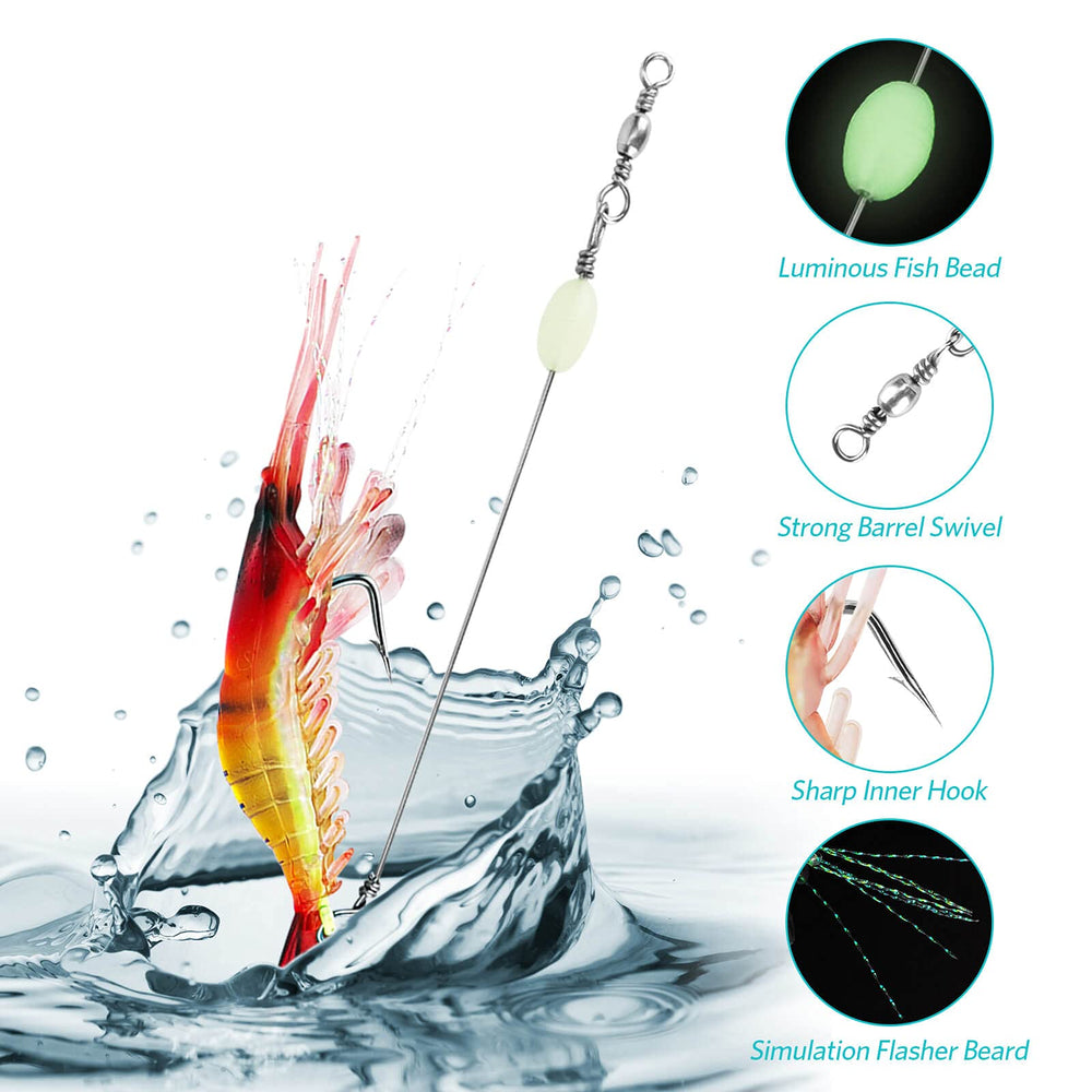 Close-up of luminous hook detail on a shrimp lure