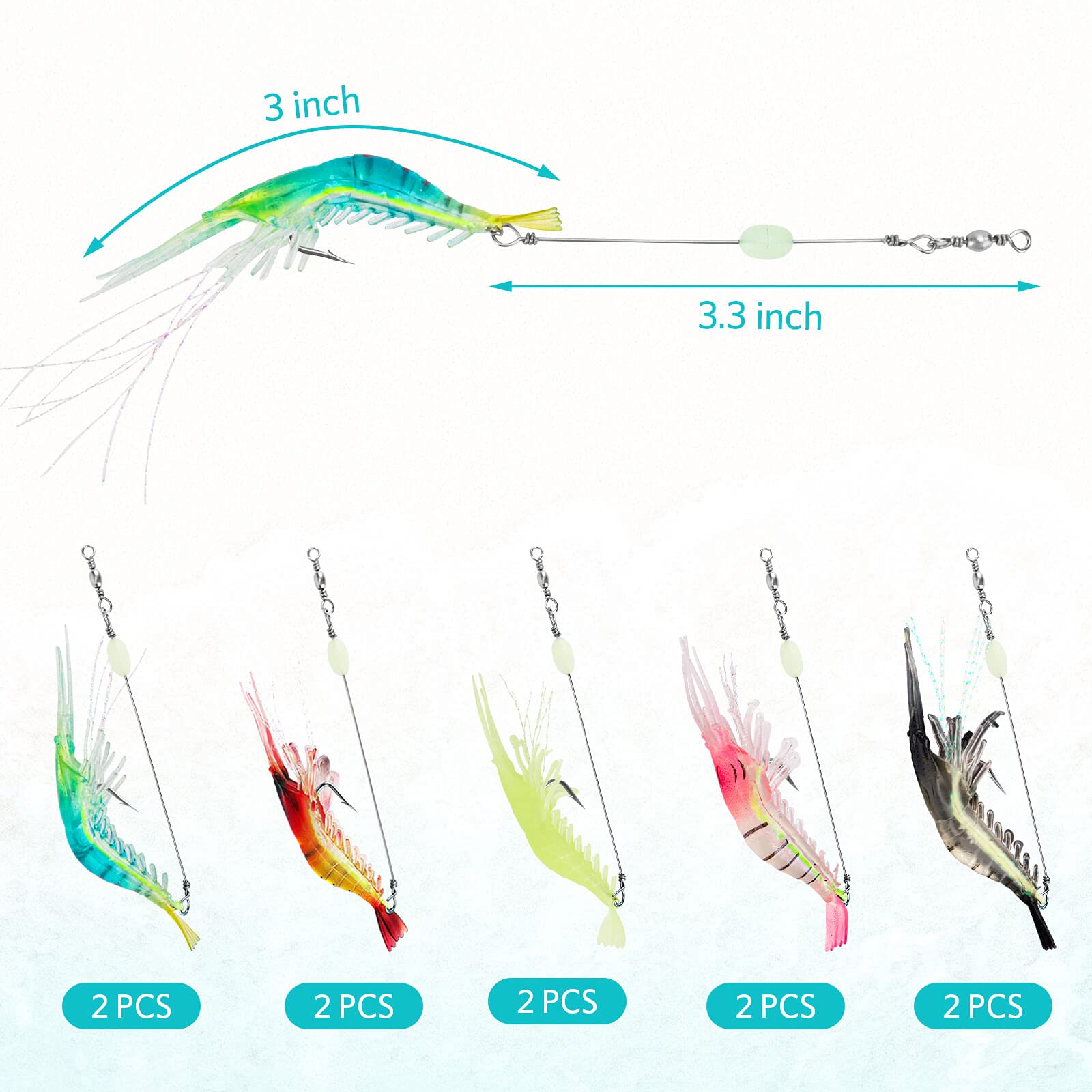Two pieces per color shrimp lure arranged by color