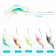 Two pieces per color shrimp lure arranged by color