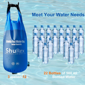 ShuRex packaging contents show 12L bag and two filter straws.