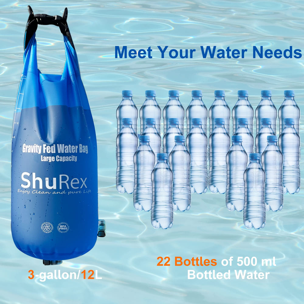 ShuRex packaging contents show 12L bag and two filter straws.