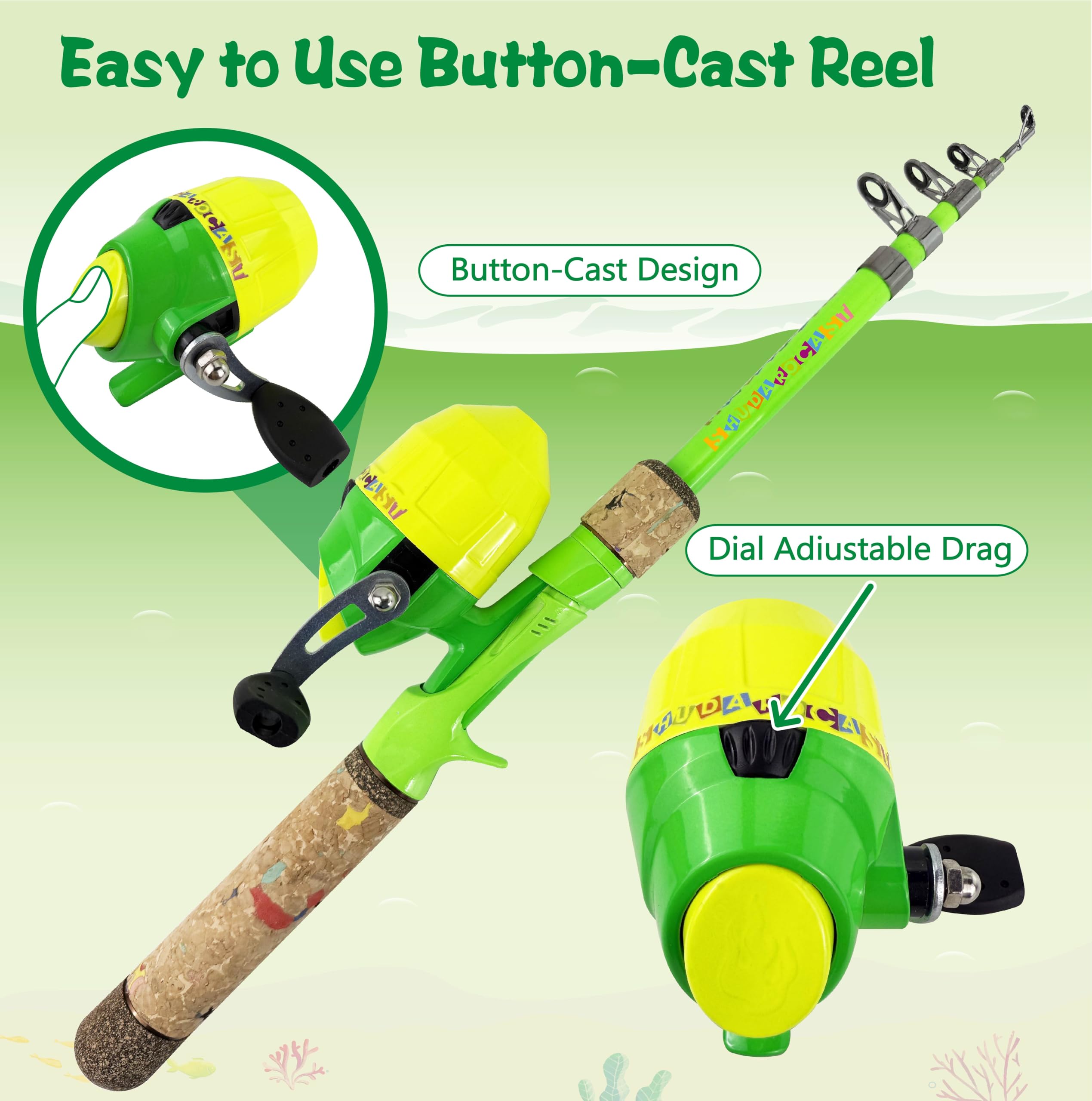 Bright, colorful fishing rod design with cork grip