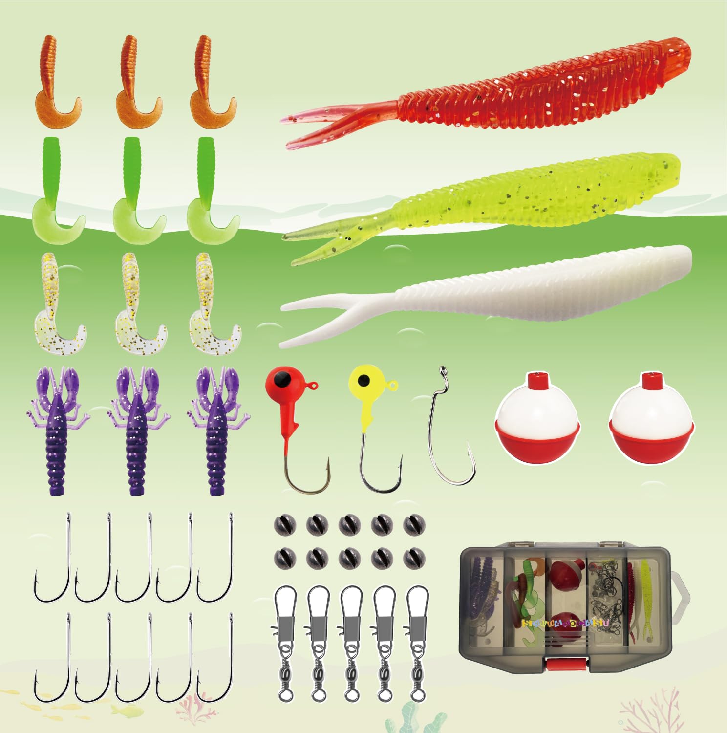 Accessories laid out: nets, bobbers, lures and hooks