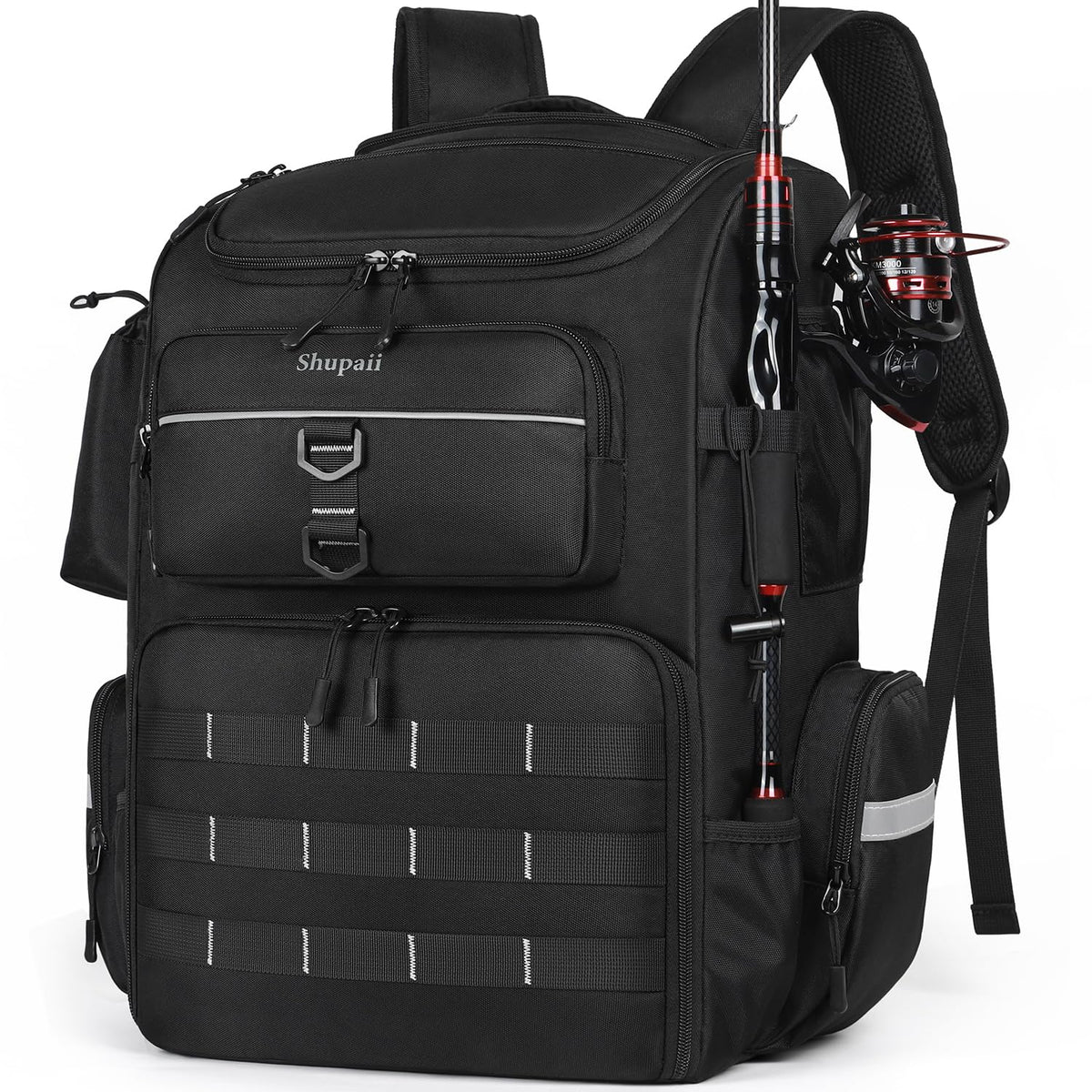Shupaii 45L fishing backpack front view with integrated rod holders