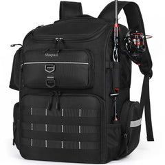 Shupaii 45L fishing backpack front view with integrated rod holders
