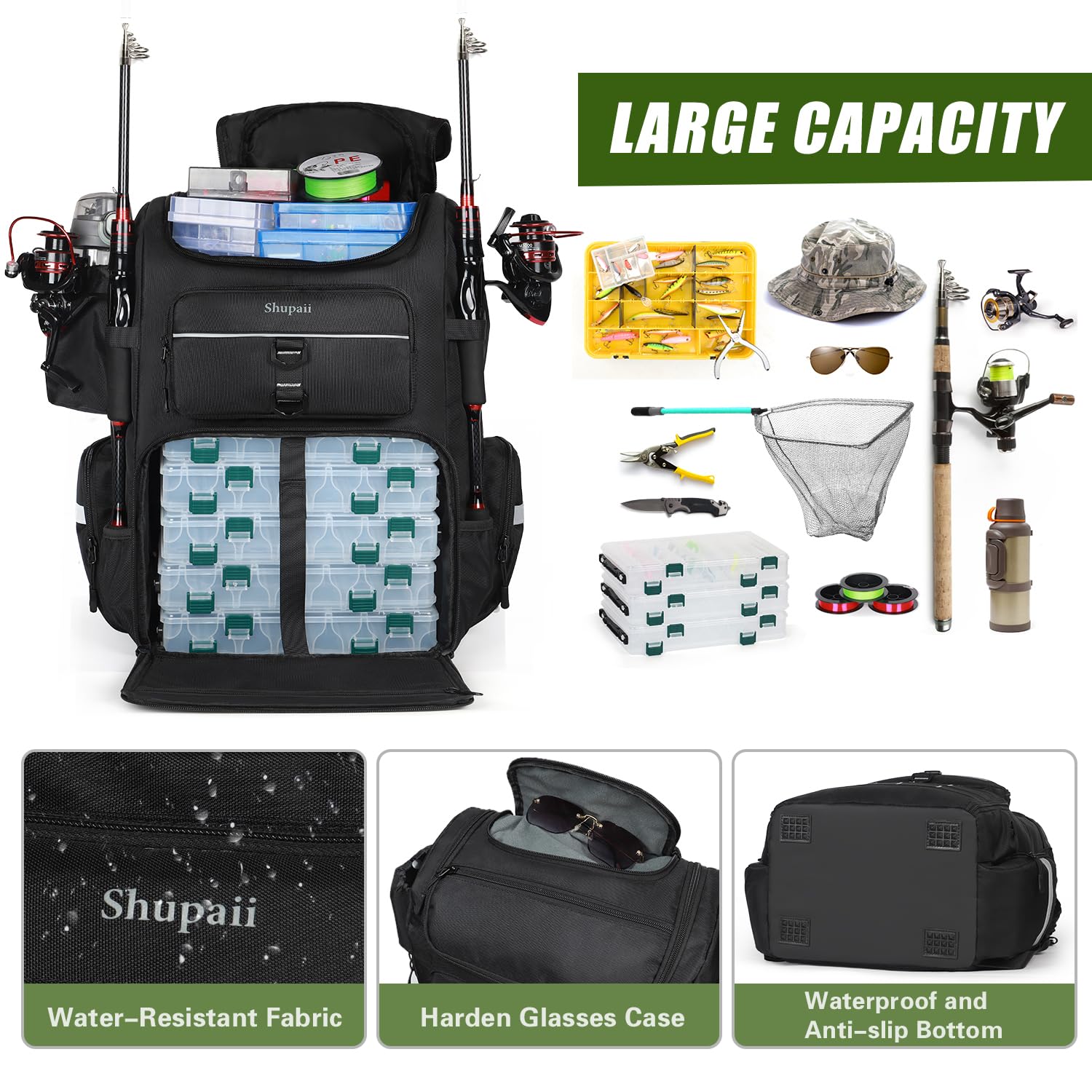 Inside view showing multiple pockets for tackle gear