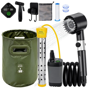 SIECCY portable shower with heater digital display shows temperature and battery status