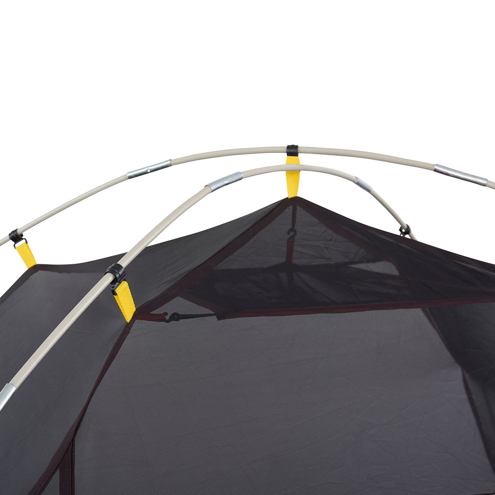 Sierra Designs Alpenglow 4P tent family camping at a campsite with shade.
