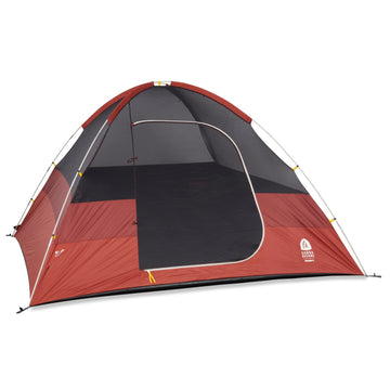 Sierra Designs Alpenglow 6-person tent front view highlights spacious interior for family camping