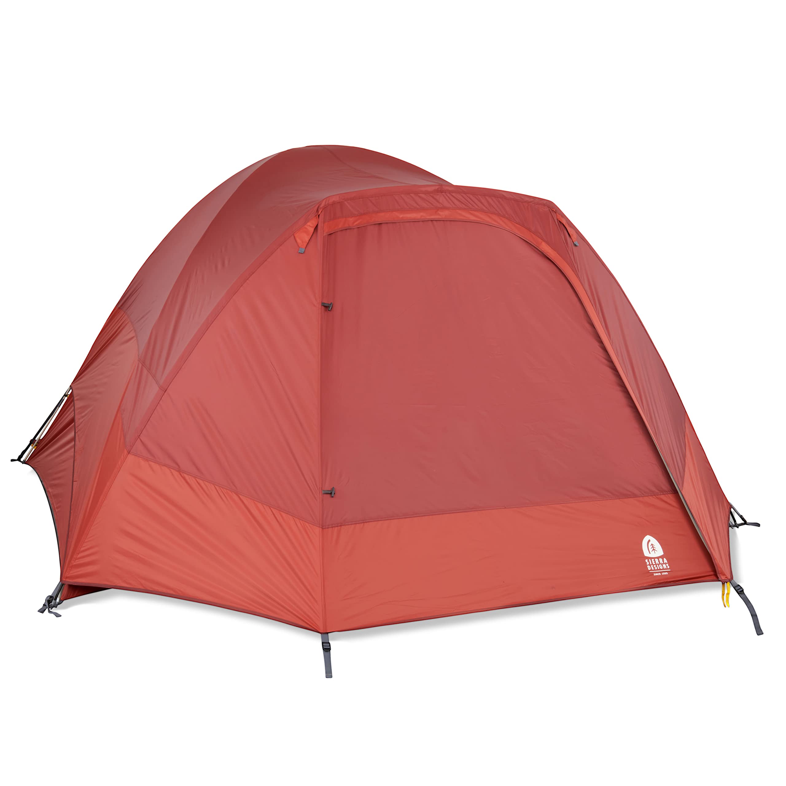 Sierra Designs Alpenglow 6-person tent side view shows easy entry and extended shade