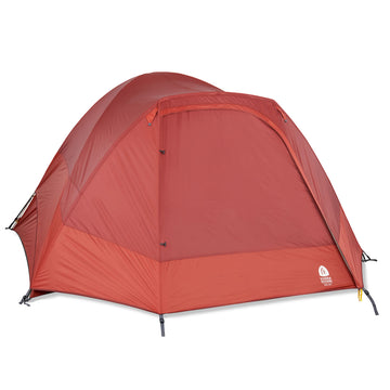 Sierra Designs Alpenglow 6-person tent side view shows easy entry and extended shade