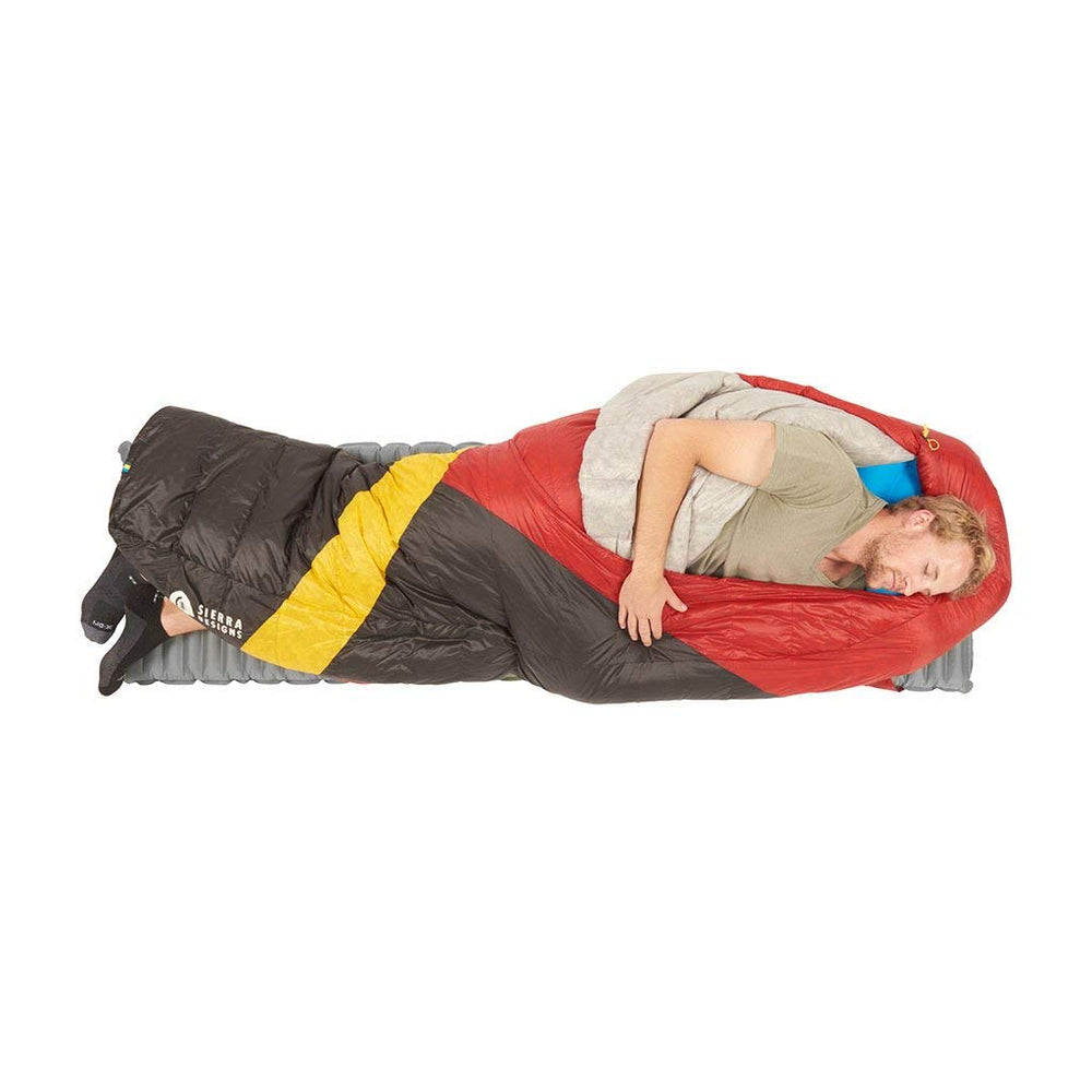 Sierra Designs Cloud 20-degree packed form demonstrates compact travel readiness.