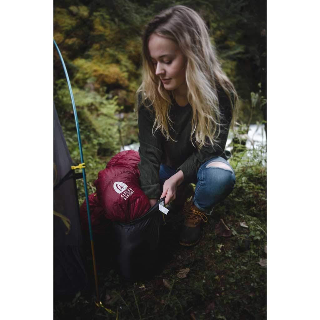 Sierra Designs Cloud 20-degree stitching detail supports durable camping use.
