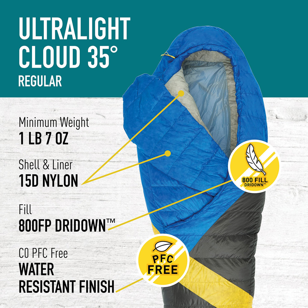 Sierra Designs Cloud 35F sleeping bag angled view showing compact form.