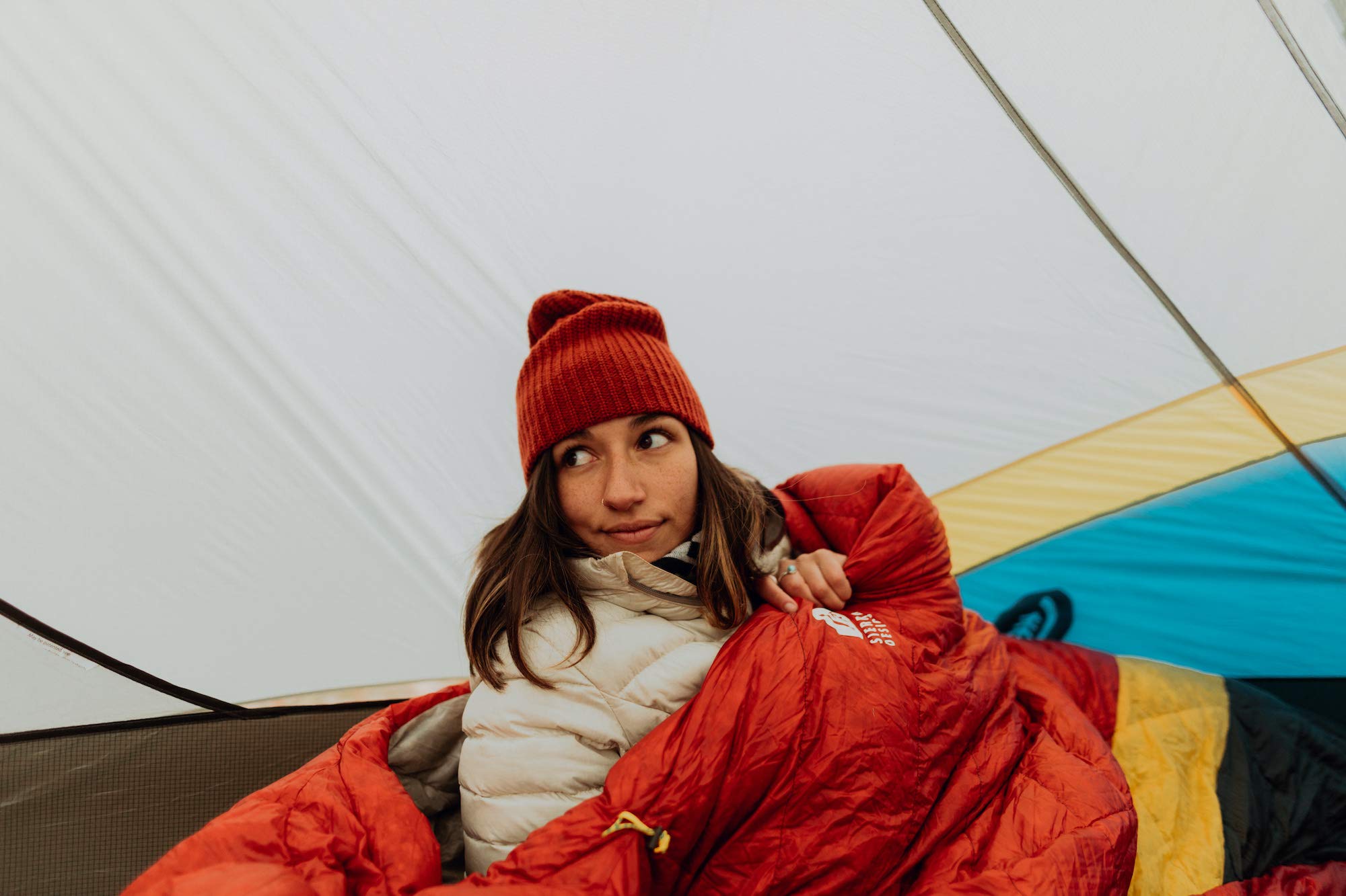 Sierra Designs Cloud 35F sleeping bag lining texture suggests soft comfort.