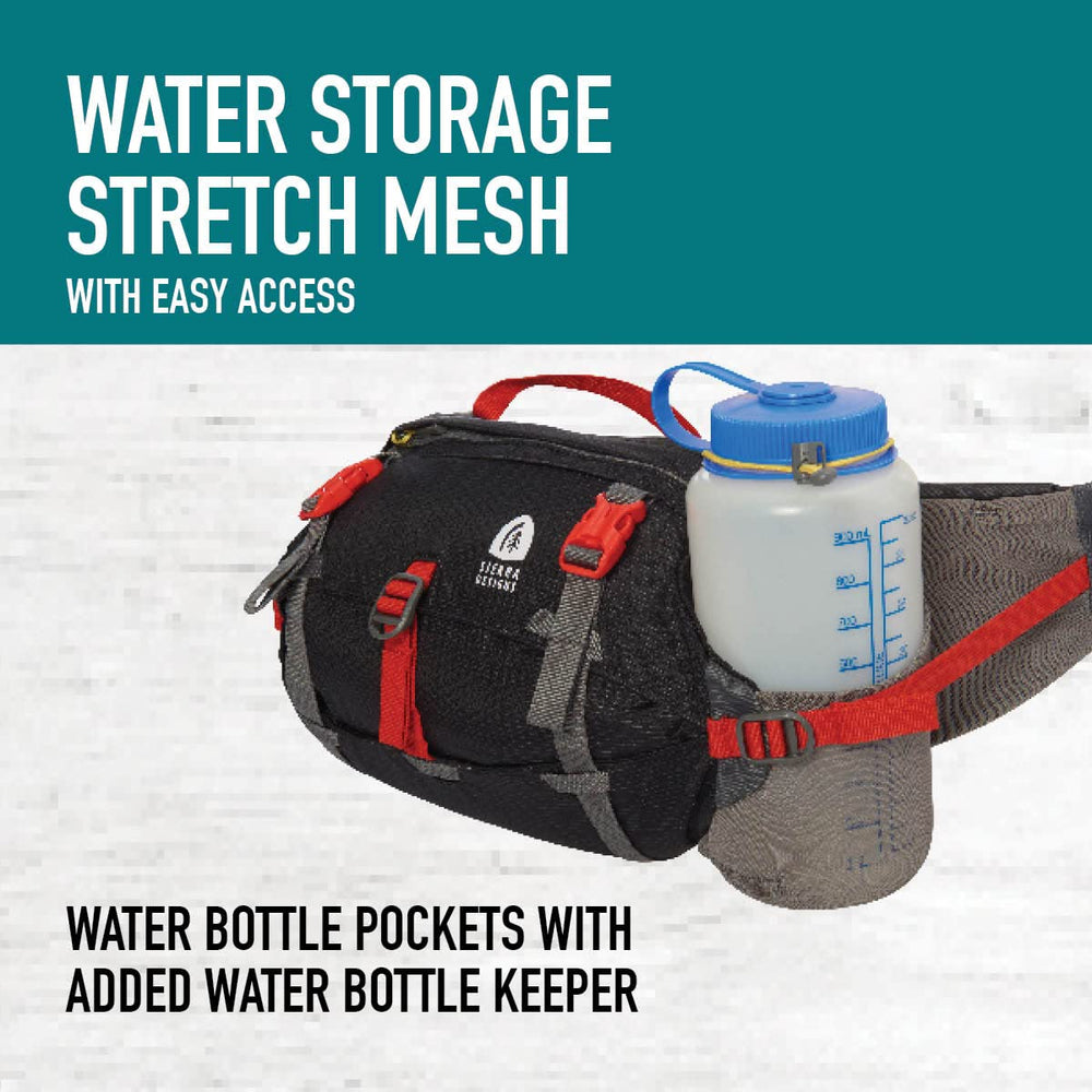 Sierra Designs Flex Lumbar Waist Pack dual compression straps stabilize load.