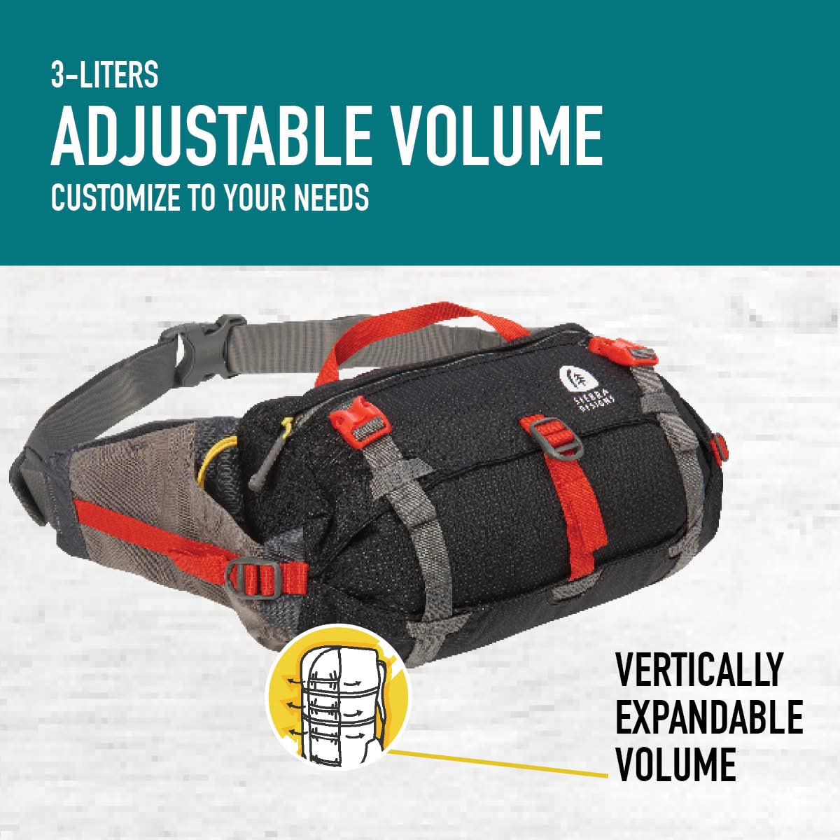 Sierra Designs Flex Lumbar Waist Pack zippered valuables pocket secures small items.