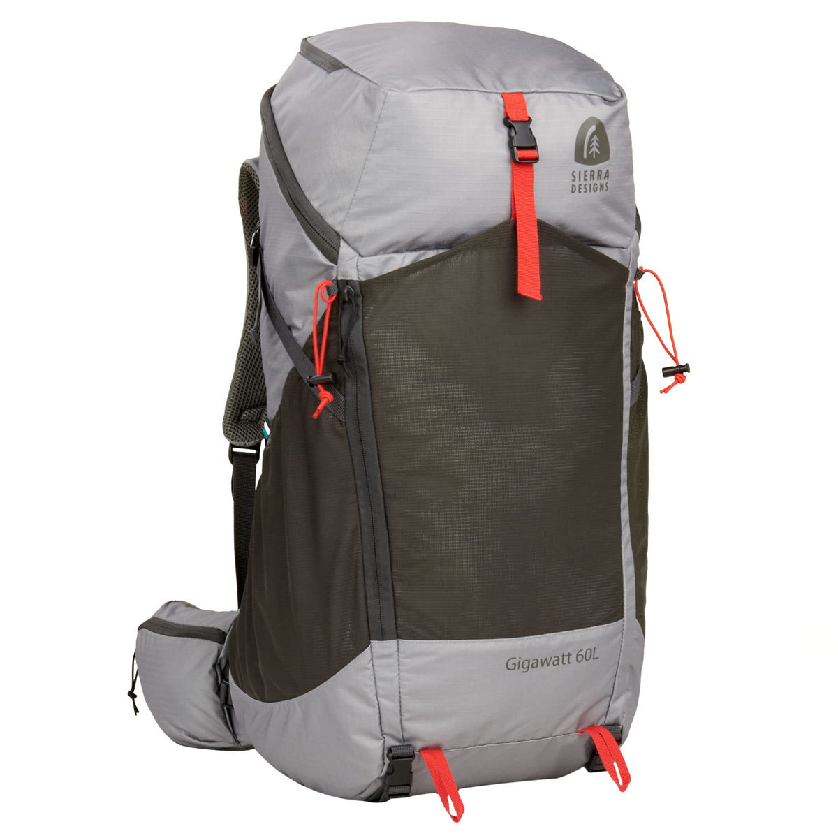Sierra Designs Gigawatt 60L front view highlights a durable, lightweight hiking backpack.