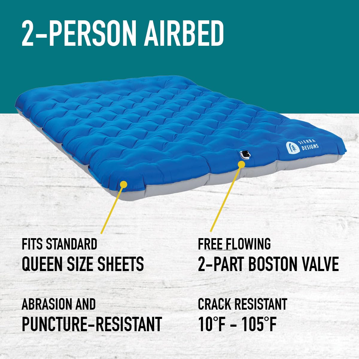 Sierra Designs mattress features integrated pillow for neck support at night.