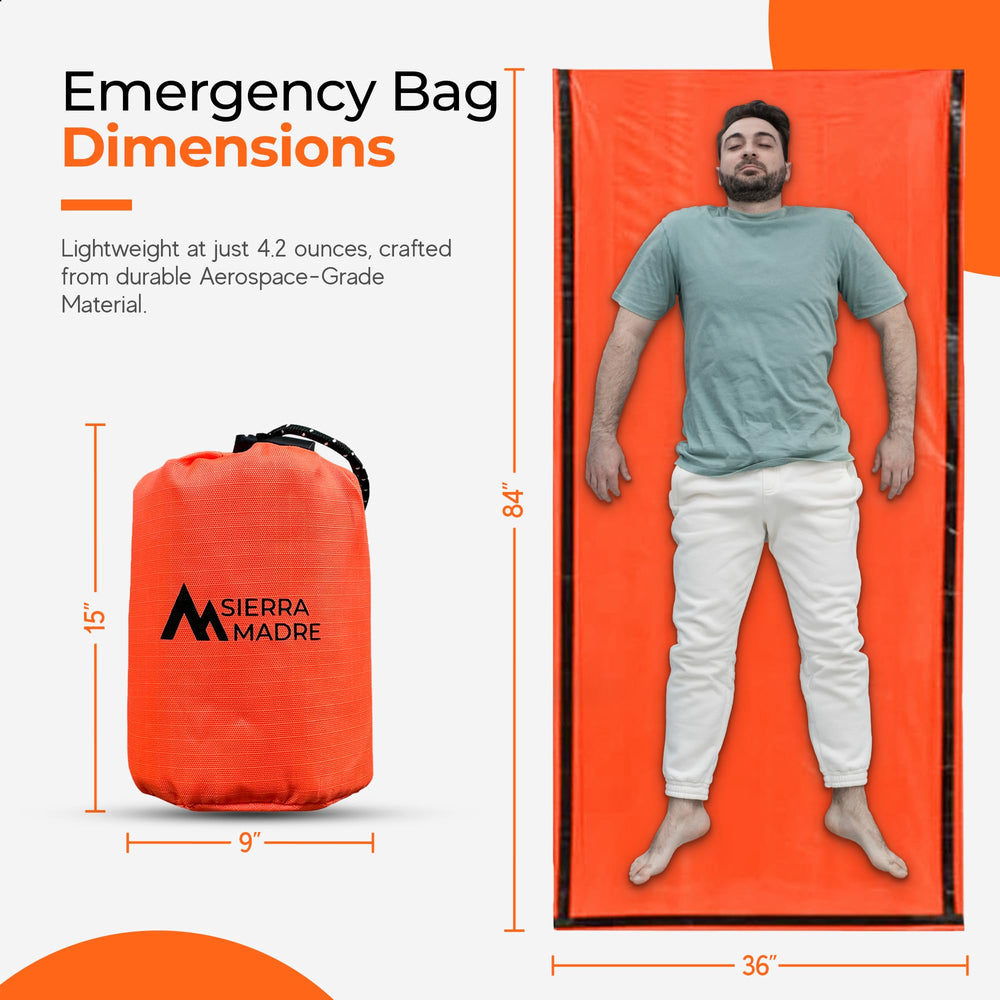 Sierra Madre Emergency Sleeping Bag folds into a drawstring stuff sack for storage.