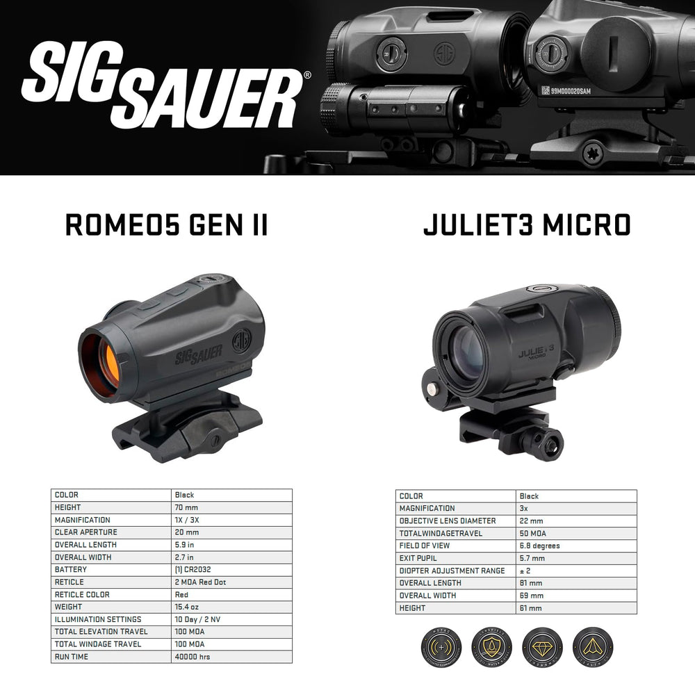 Sig Sauer MOTAC enabled dot sight with long battery life and auto wake-sleep.